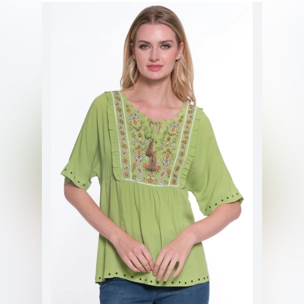 John Mark Light Green Embroidered Blouse